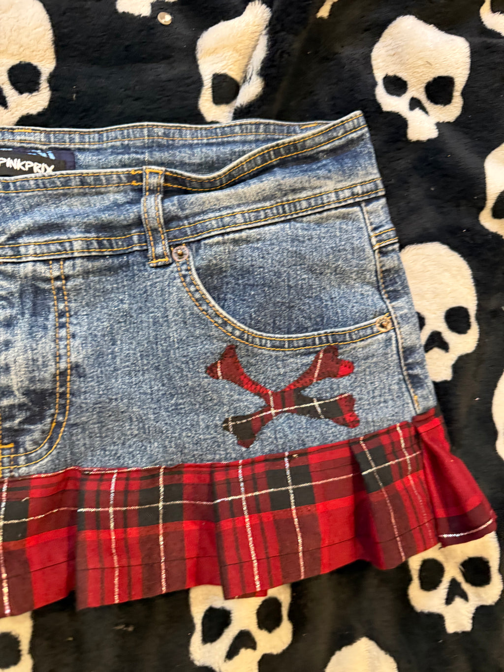 blue denim flannel crossbones skirt size L/XL
