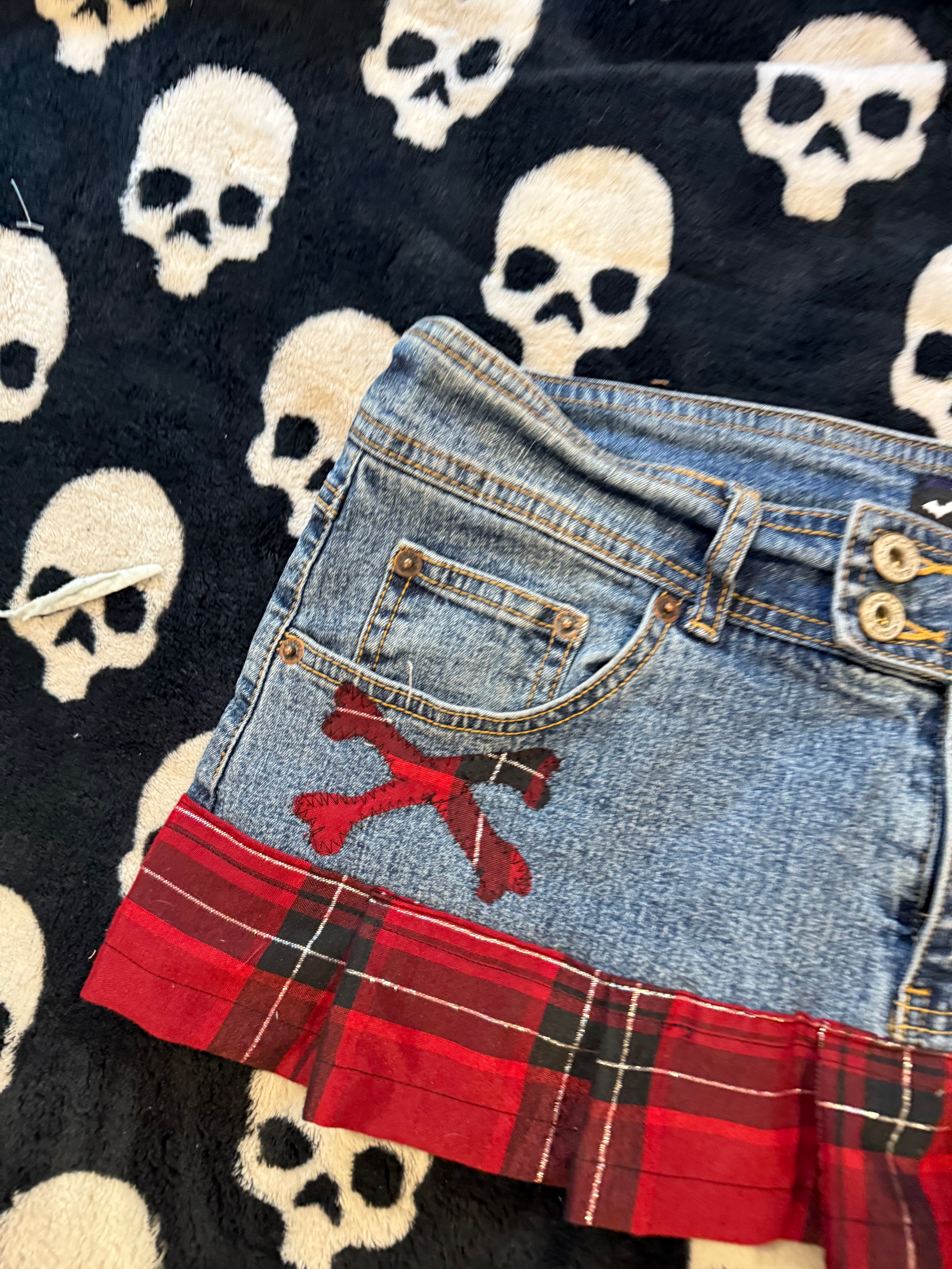 blue denim flannel crossbones skirt size L/XL