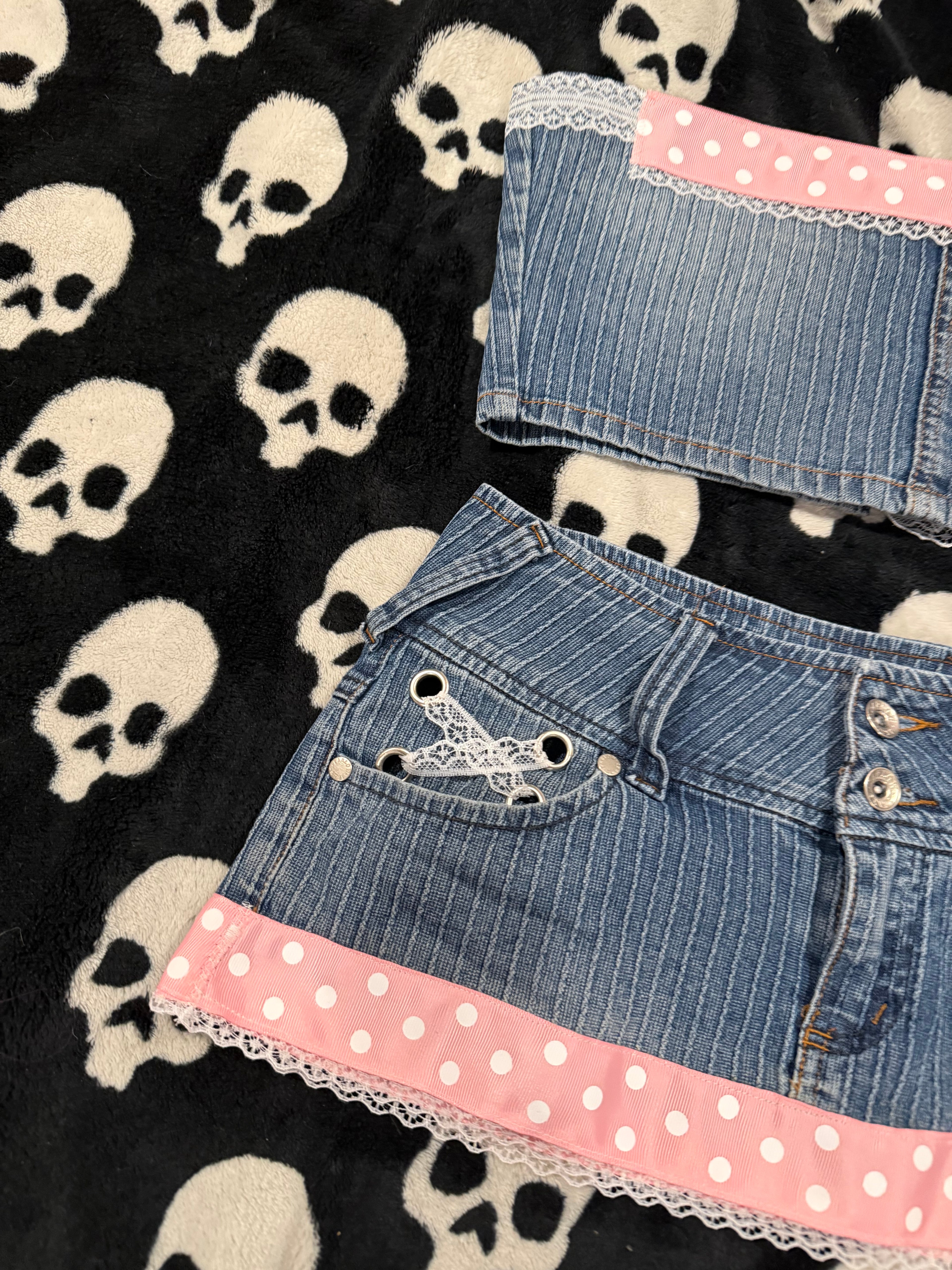 blue & pink polka dot striped denim set size xs/s