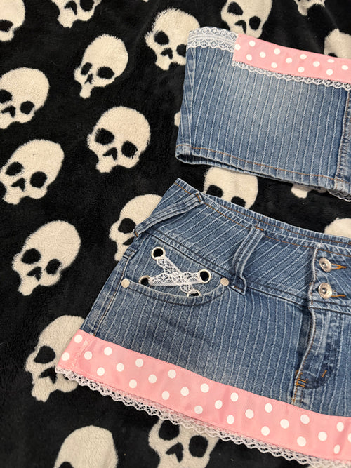 blue & pink polka dot striped denim set size xs/s