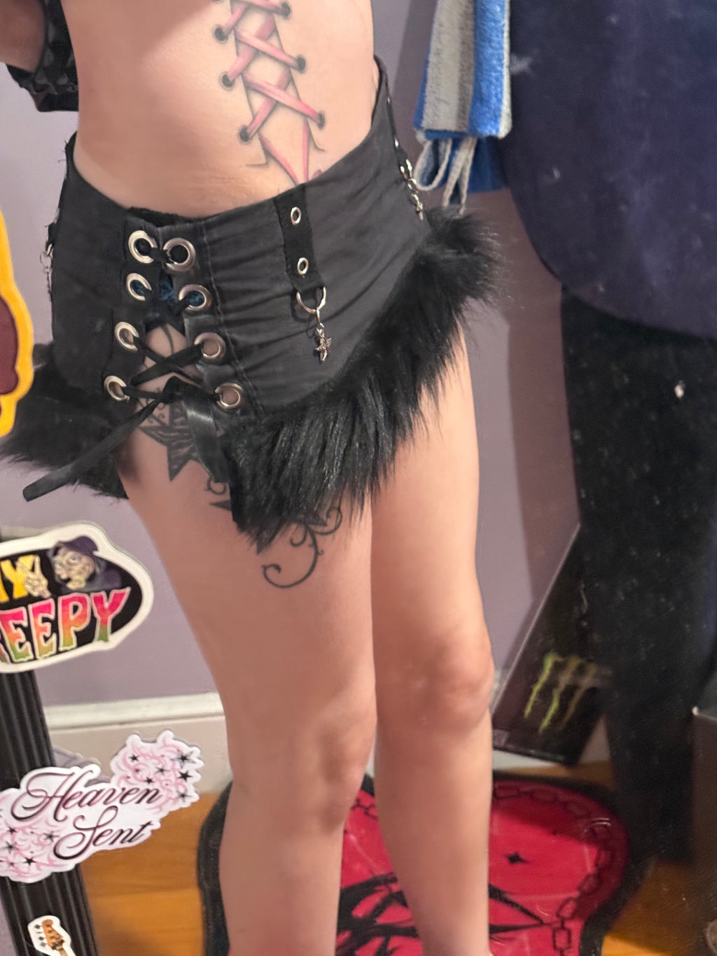black fur grommet micro skirt size xs