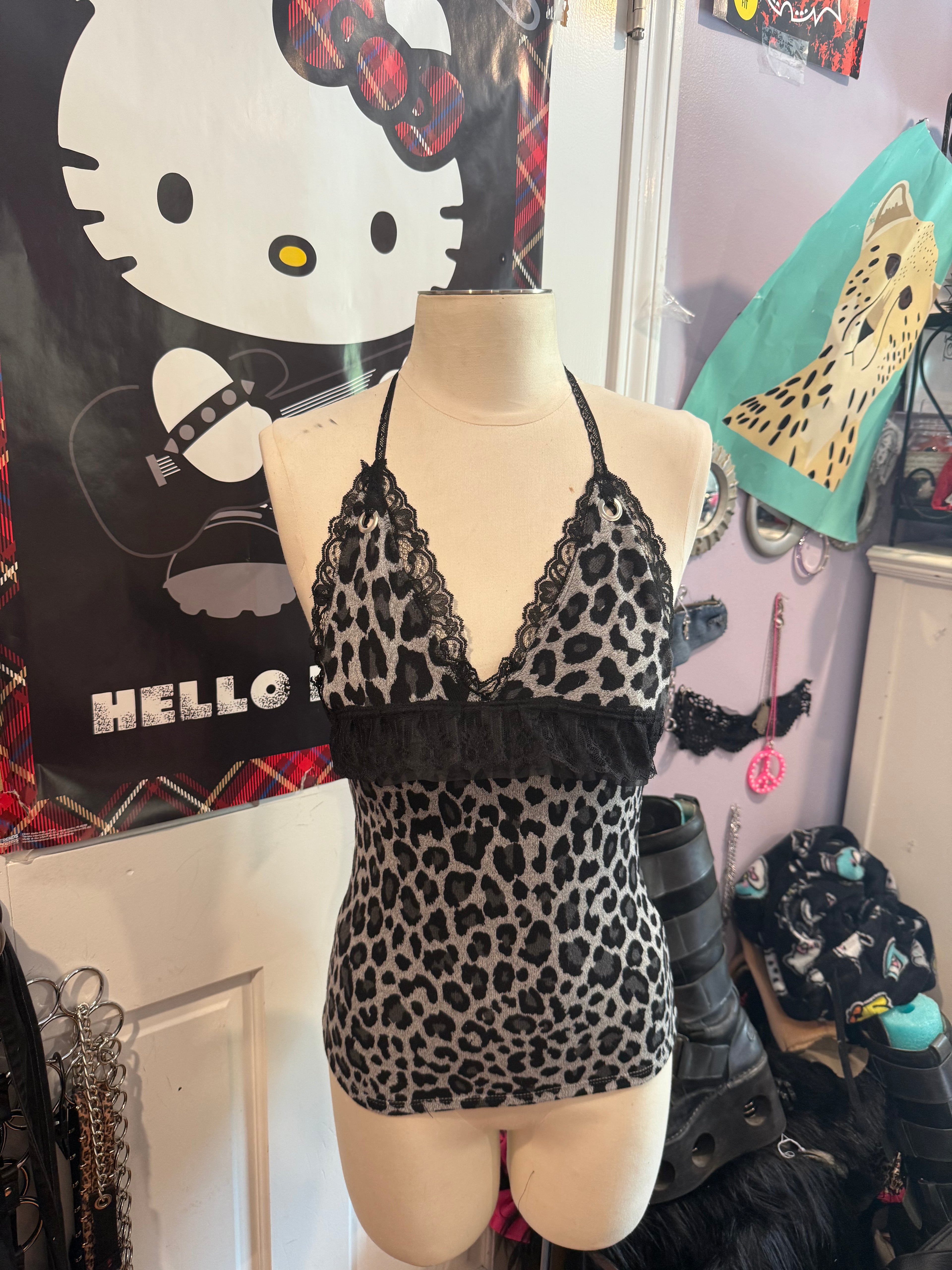 leopard print lace halter top size xs/s