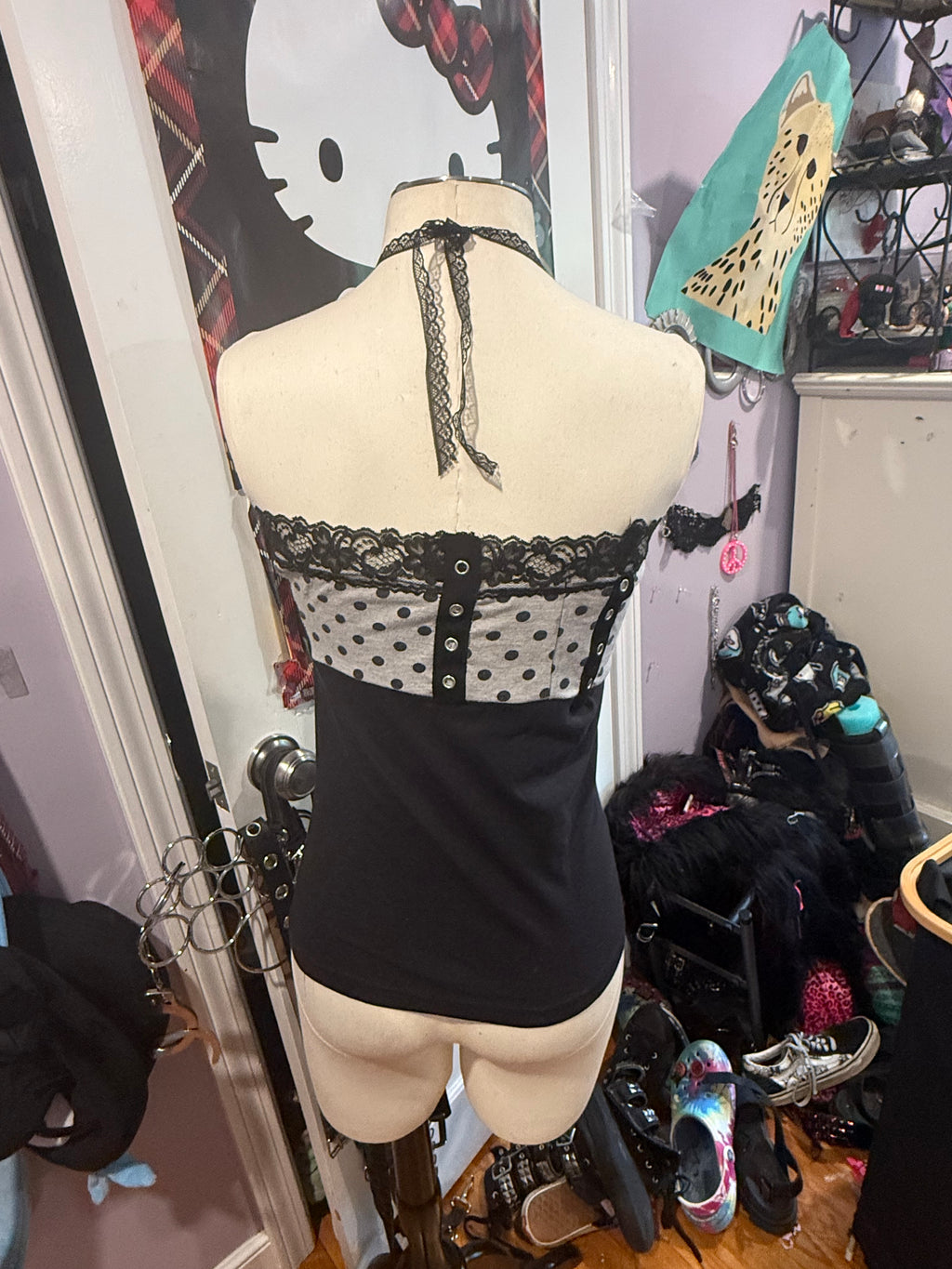 black & grey polka dot halter top size s
