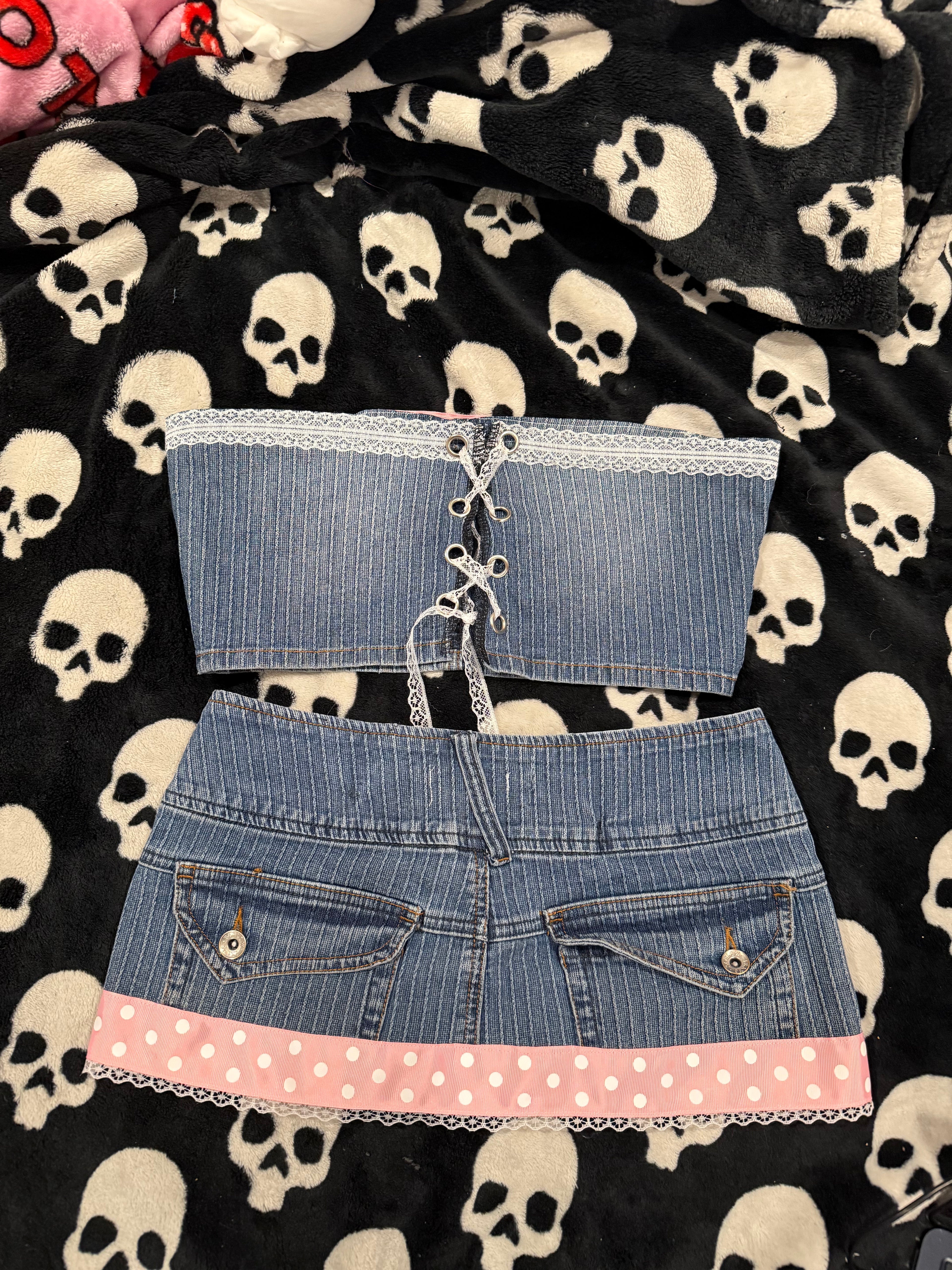 blue & pink polka dot striped denim set size xs/s