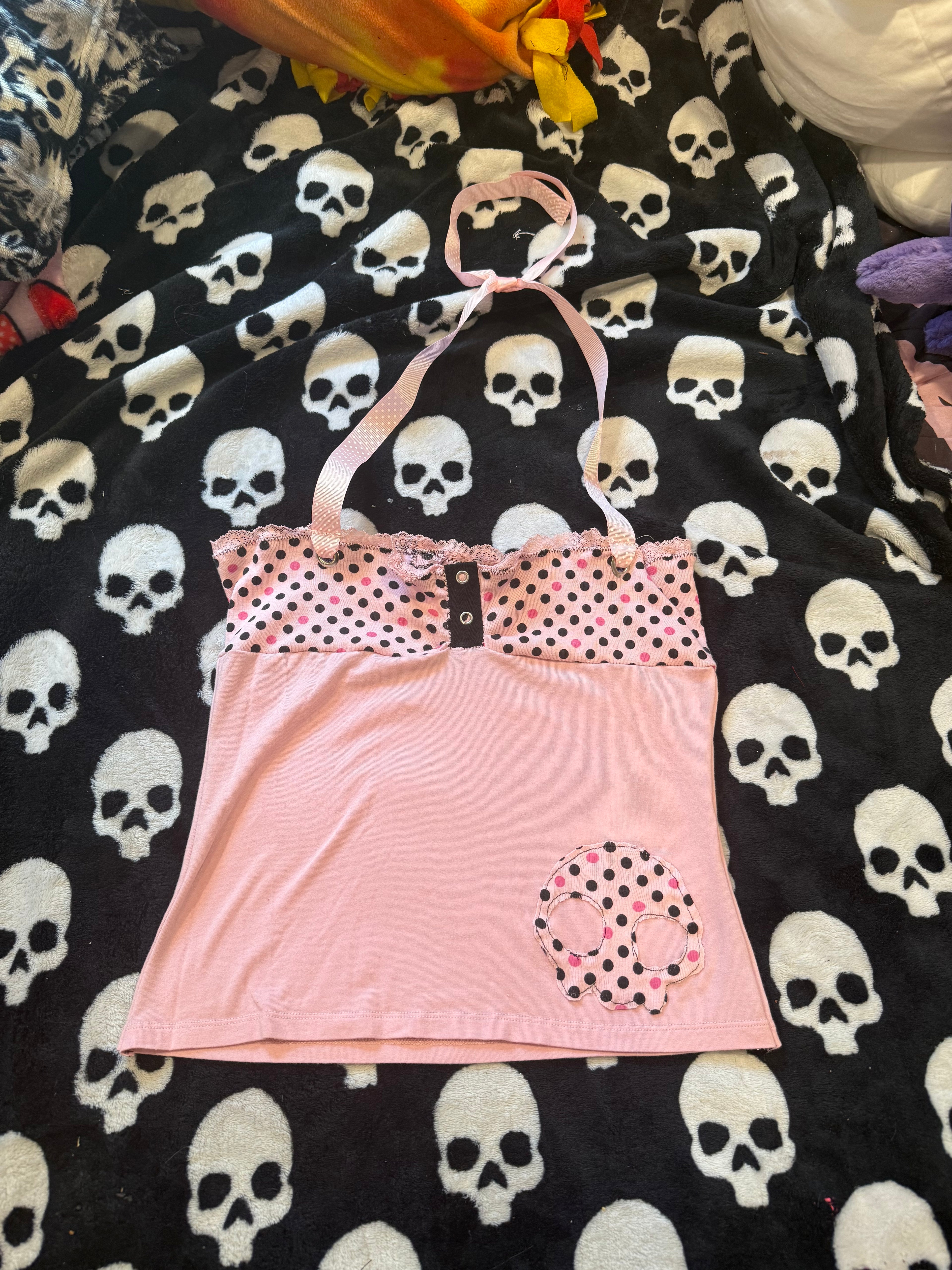 pink & black polka dot halter top size s