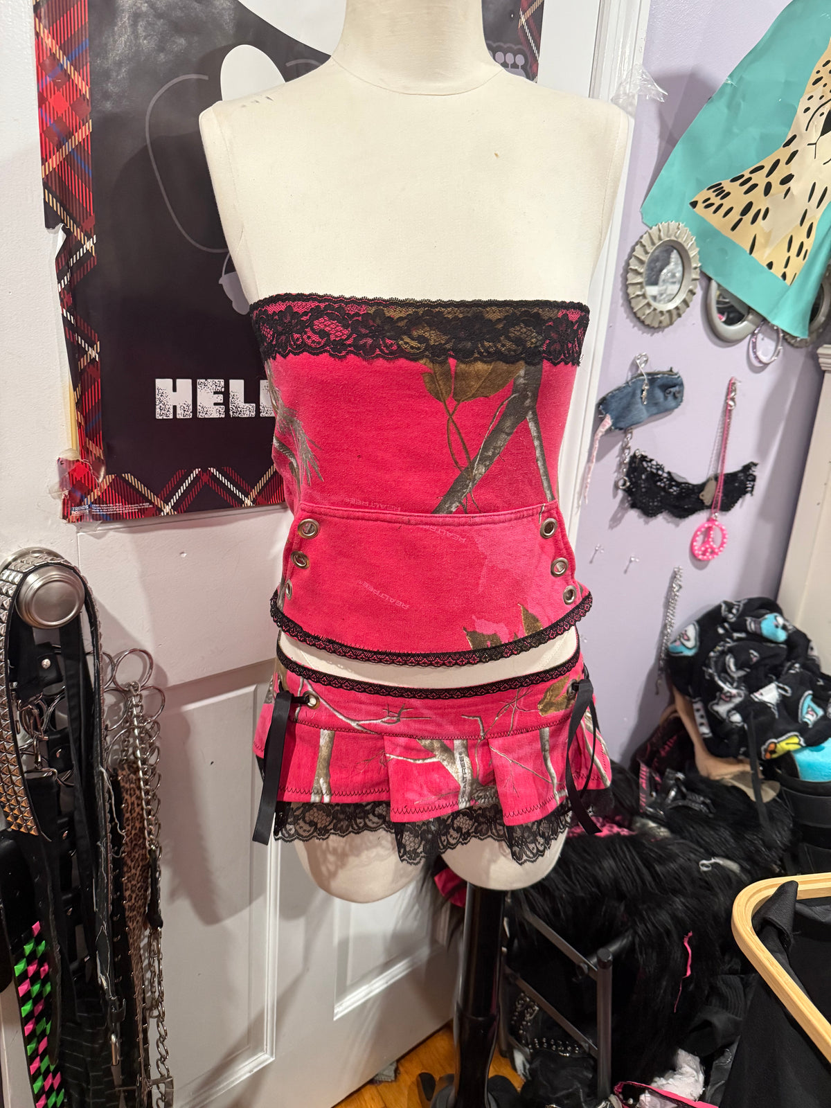 pink & black lace camo set size xs/s