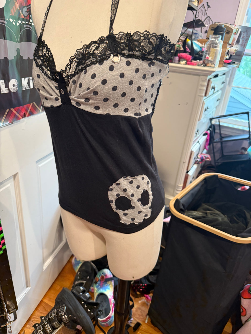 black & grey polka dot halter top size s