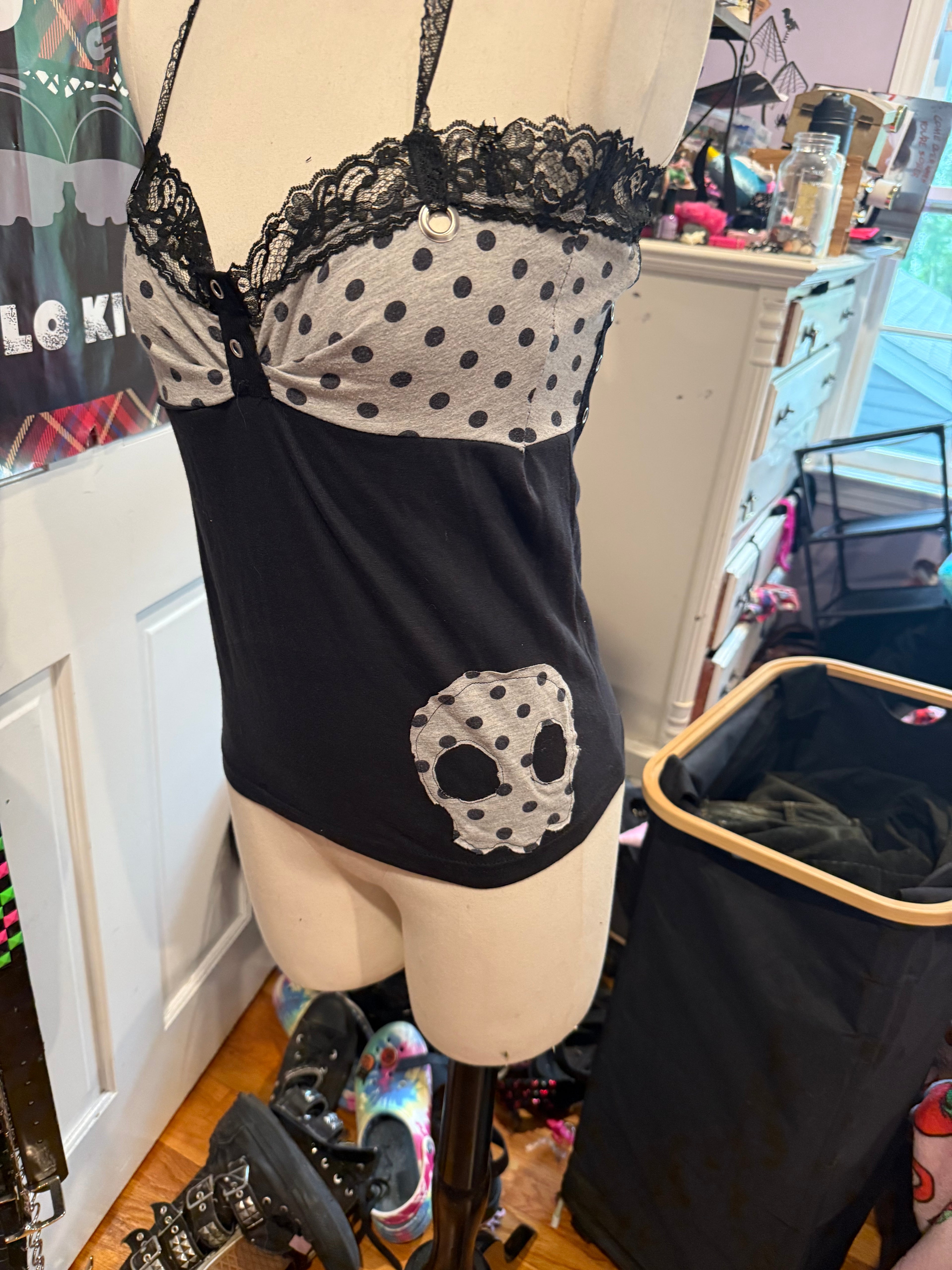 black & grey polka dot halter top size s