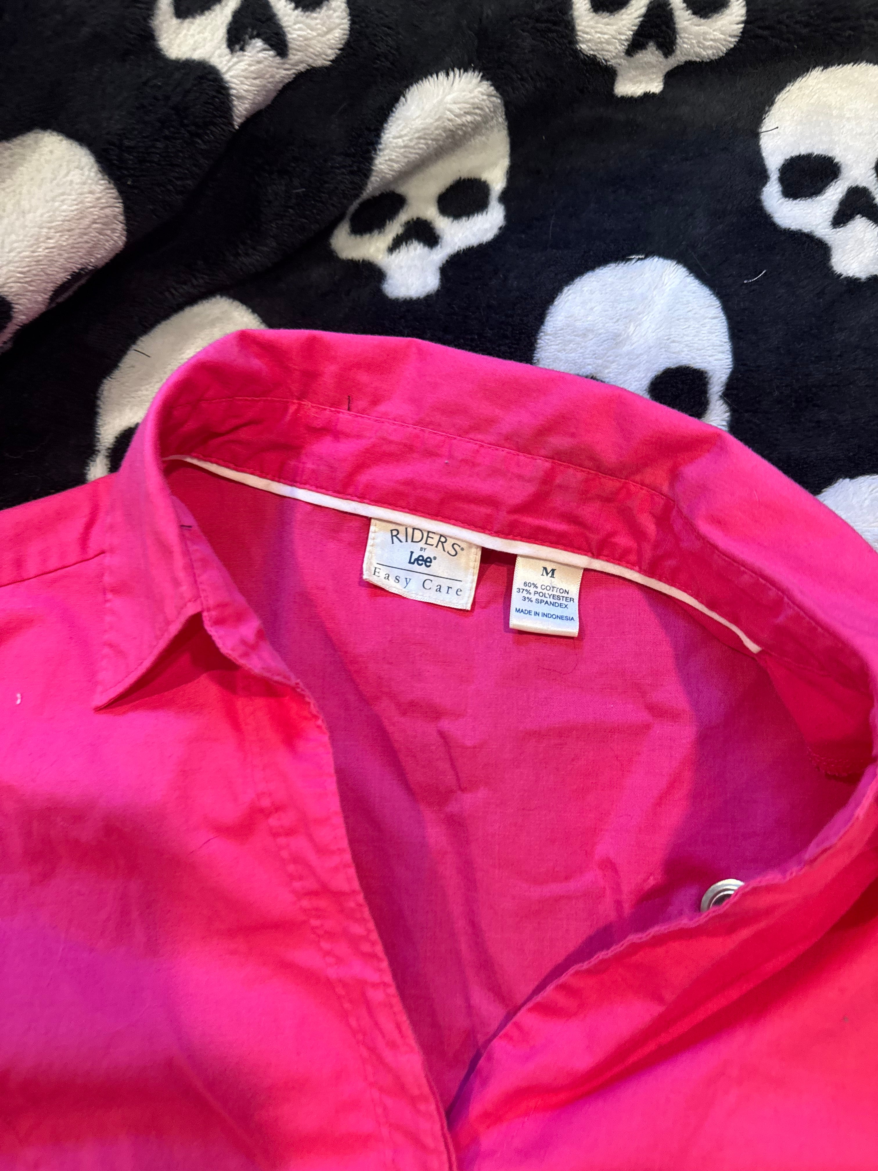 pink & black skull patch button up size n