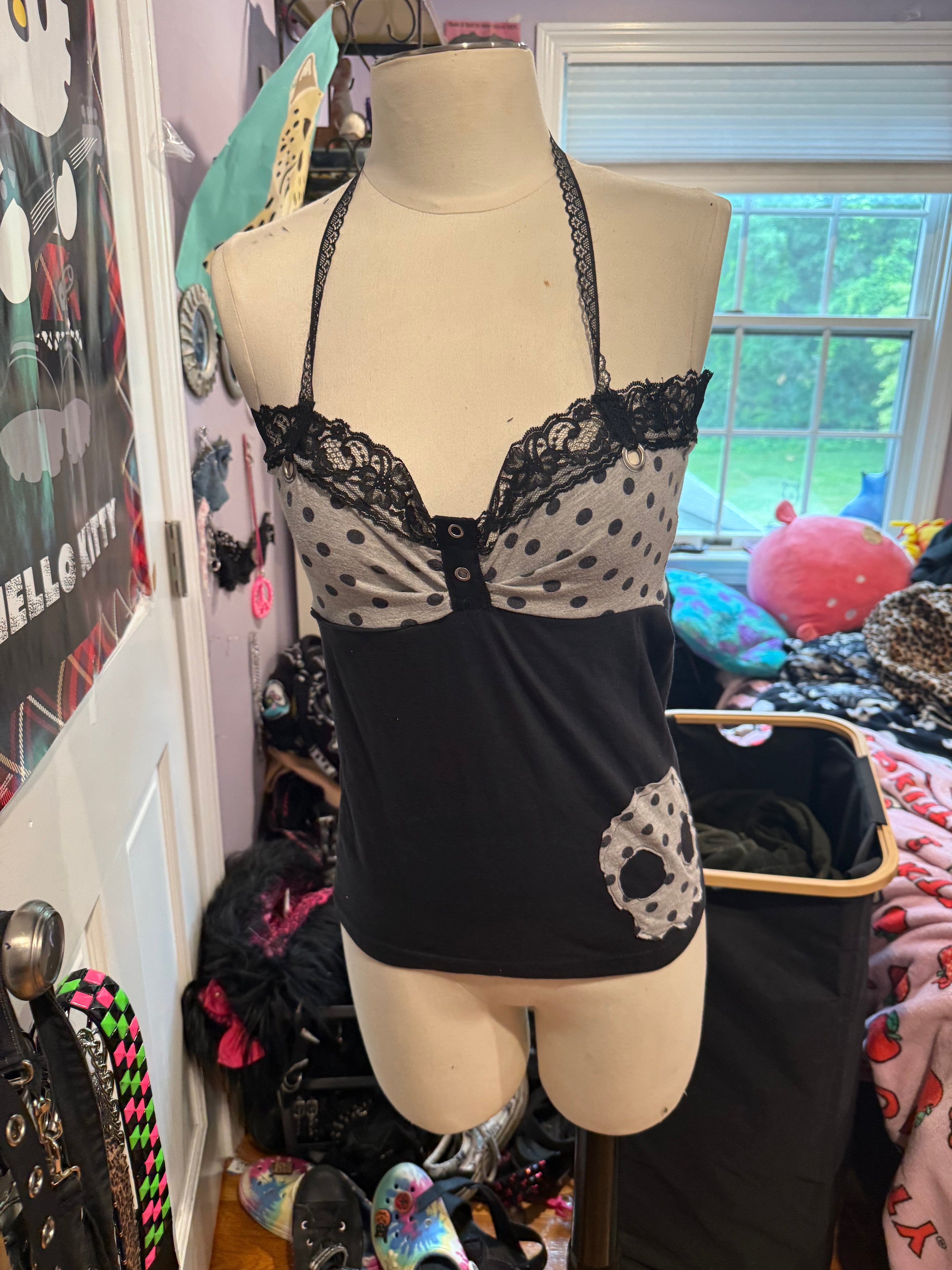 black & grey polka dot halter top size s
