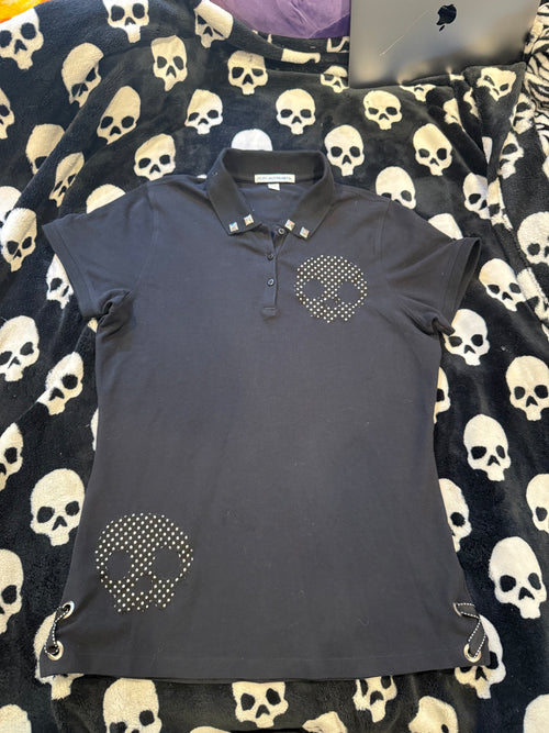 black polka dot skull polo size m