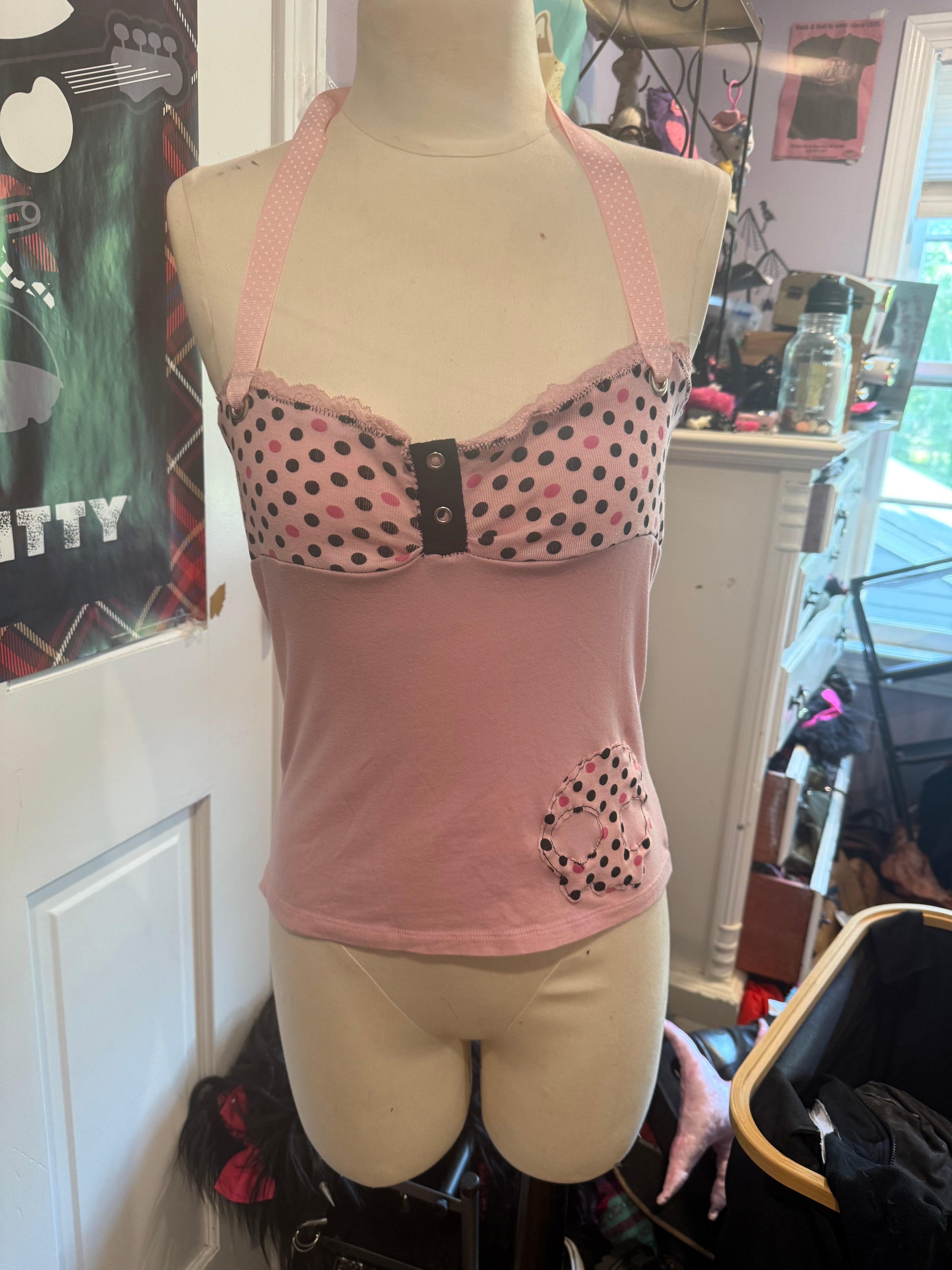 pink & black polka dot halter top size s