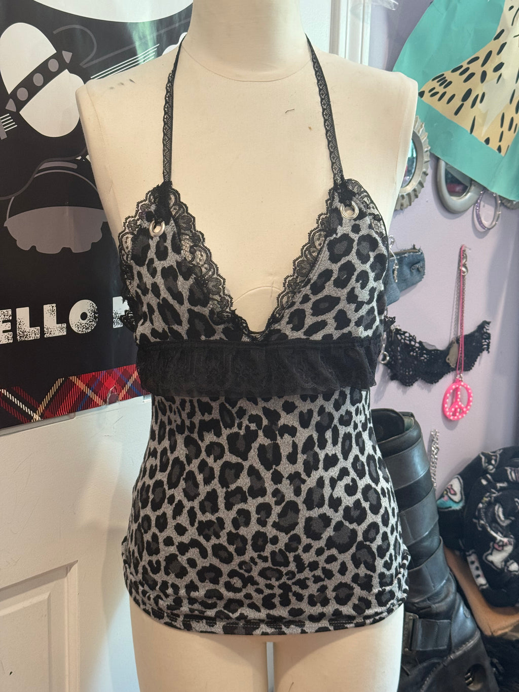 leopard print lace halter top size xs/s