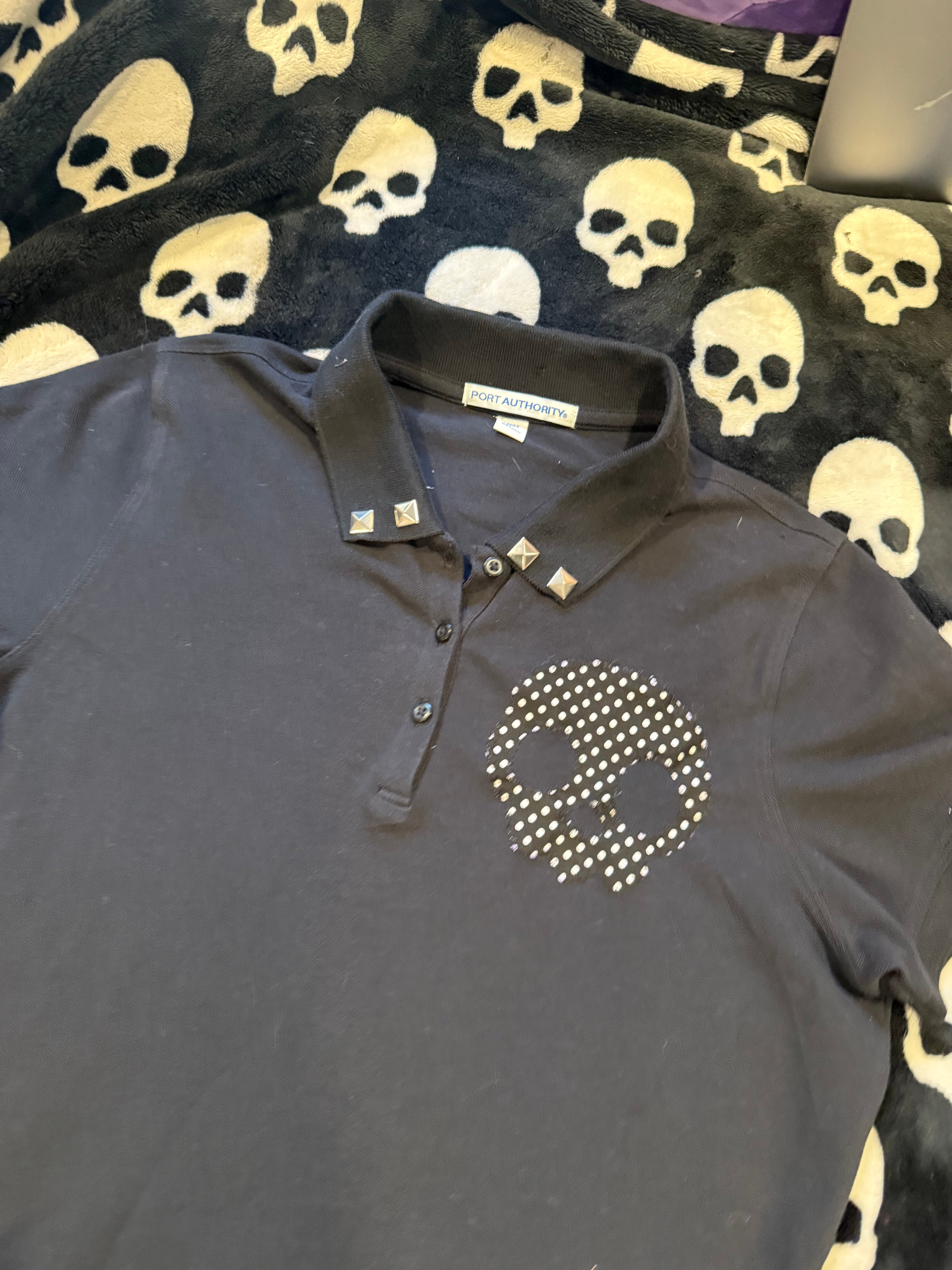 black polka dot skull polo size m
