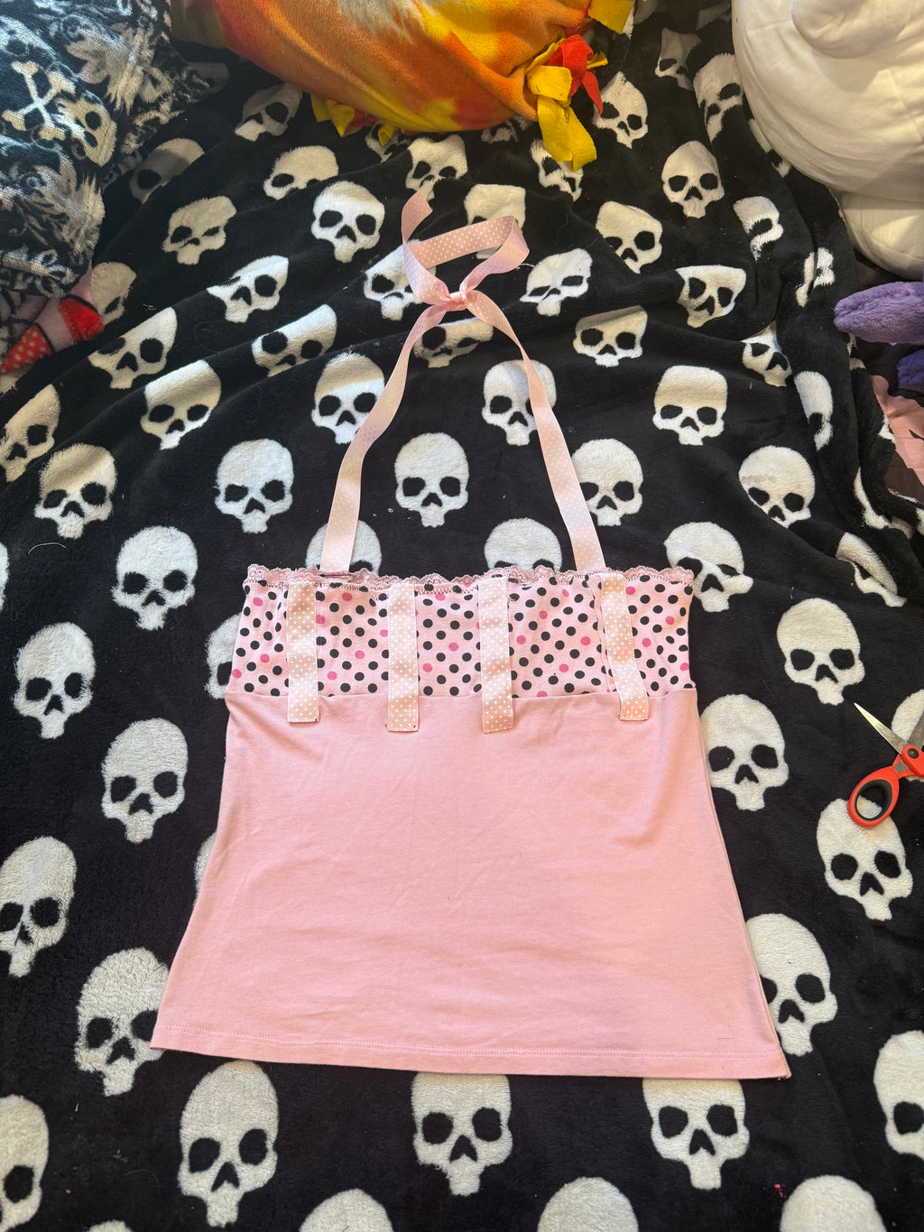 pink & black polka dot halter top size s