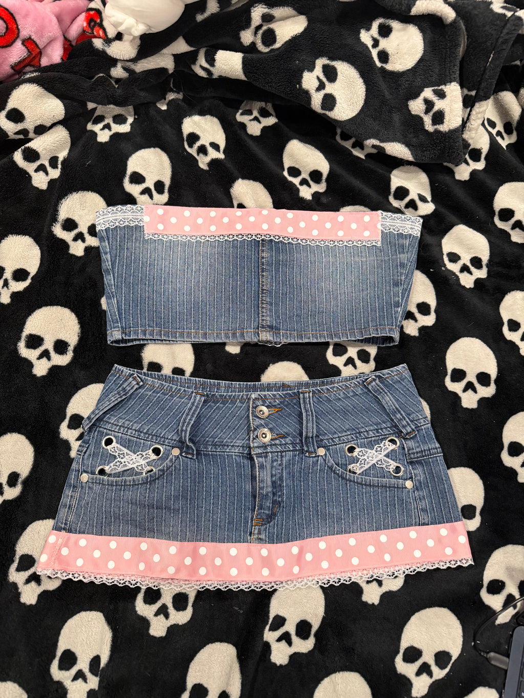 blue & pink polka dot striped denim set size xs/s
