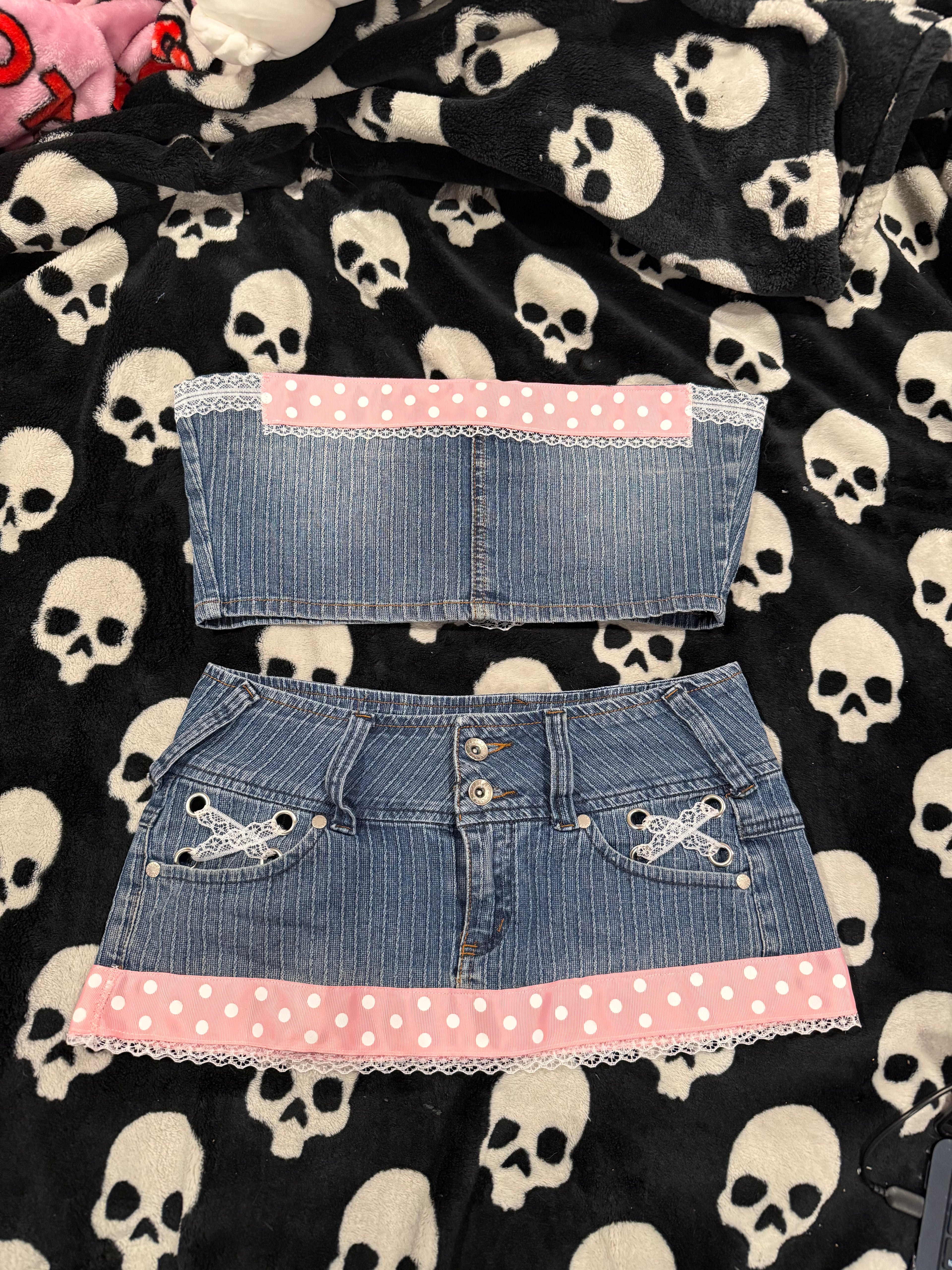 blue & pink polka dot striped denim set size xs/s