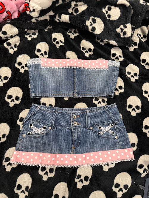 blue & pink polka dot striped denim set size xs/s