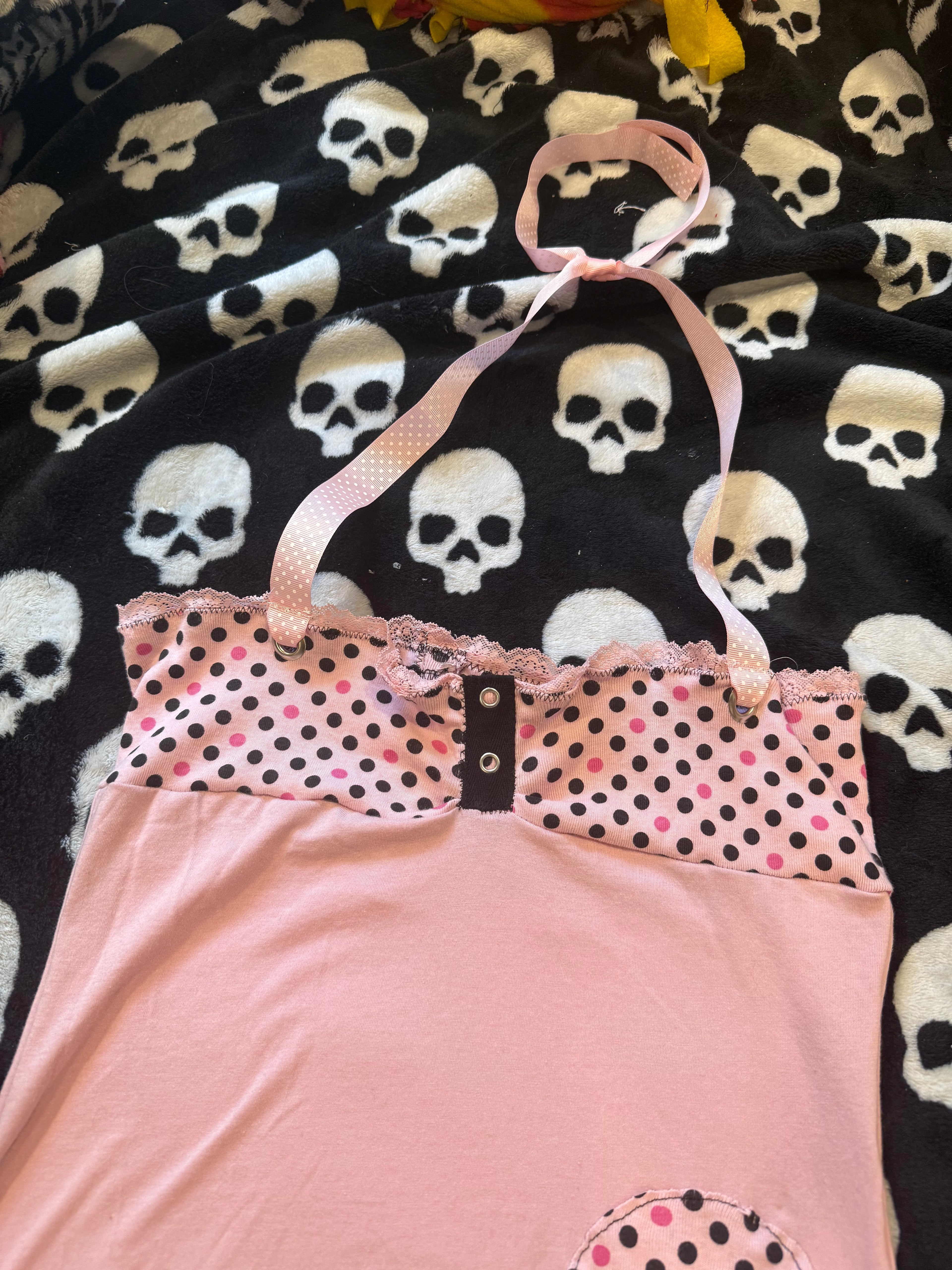 pink & black polka dot halter top size s