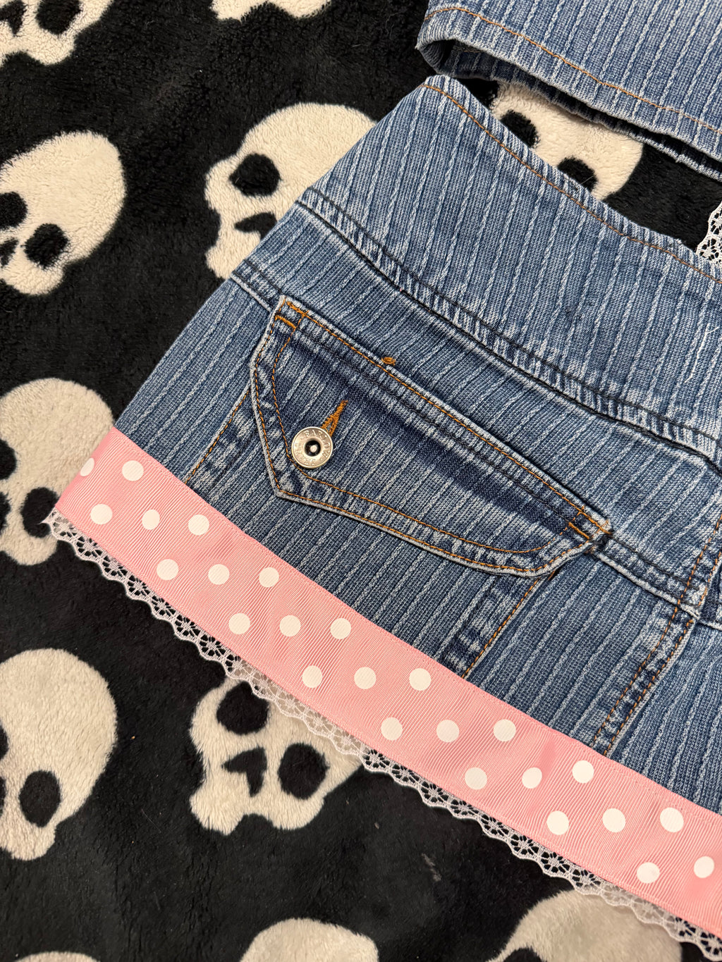 blue & pink polka dot striped denim set size xs/s