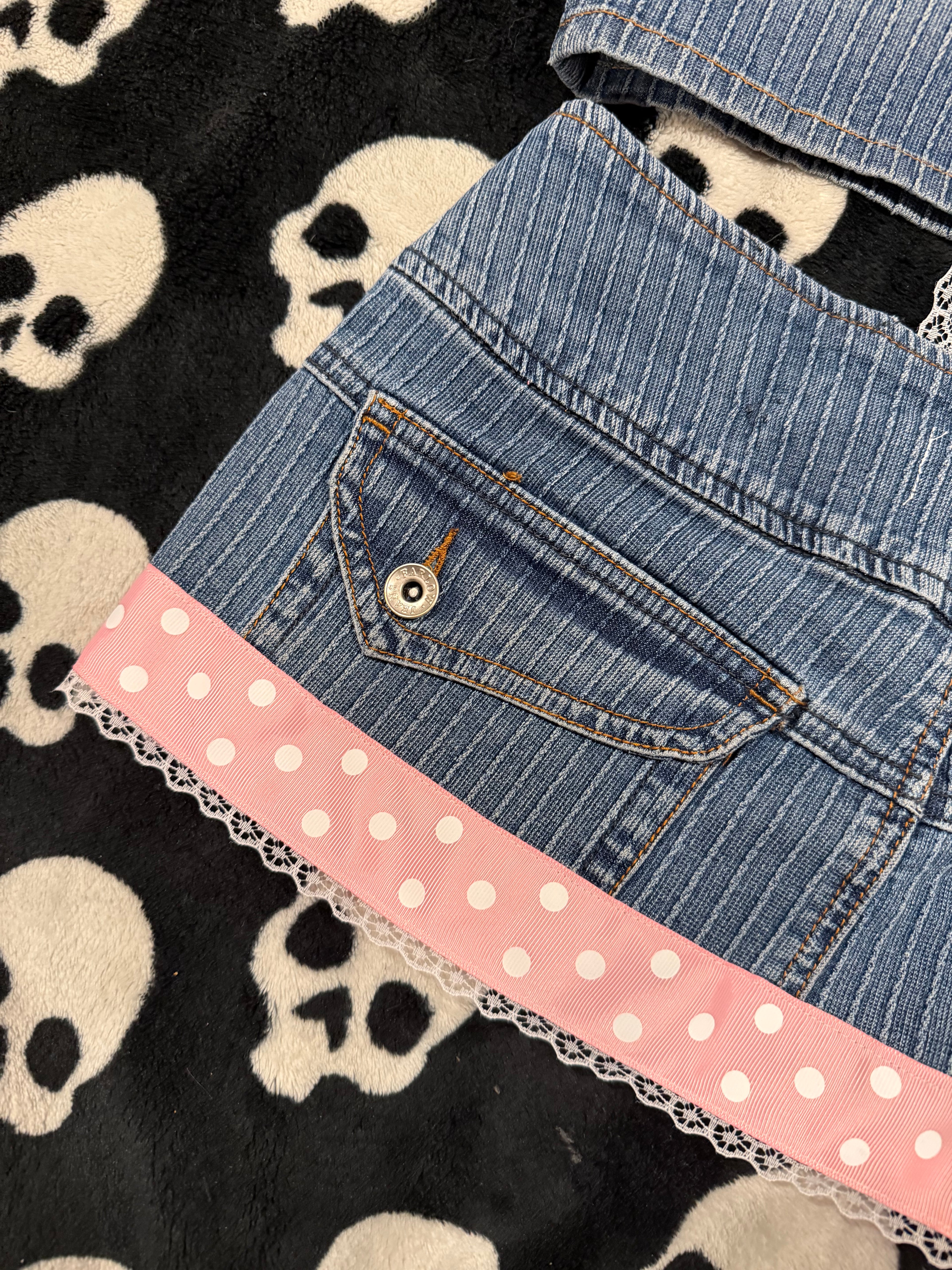 blue & pink polka dot striped denim set size xs/s