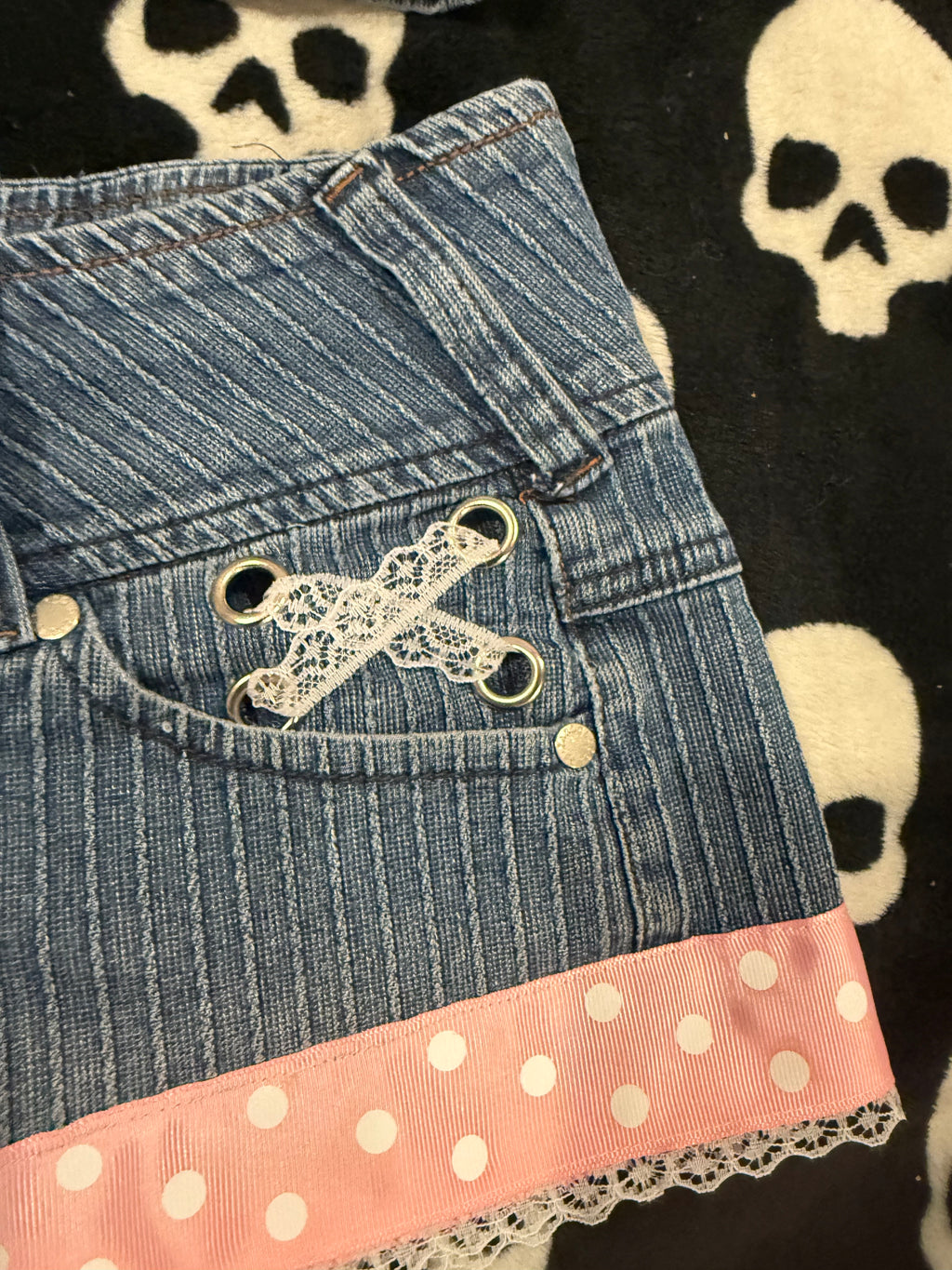 blue & pink polka dot striped denim set size xs/s