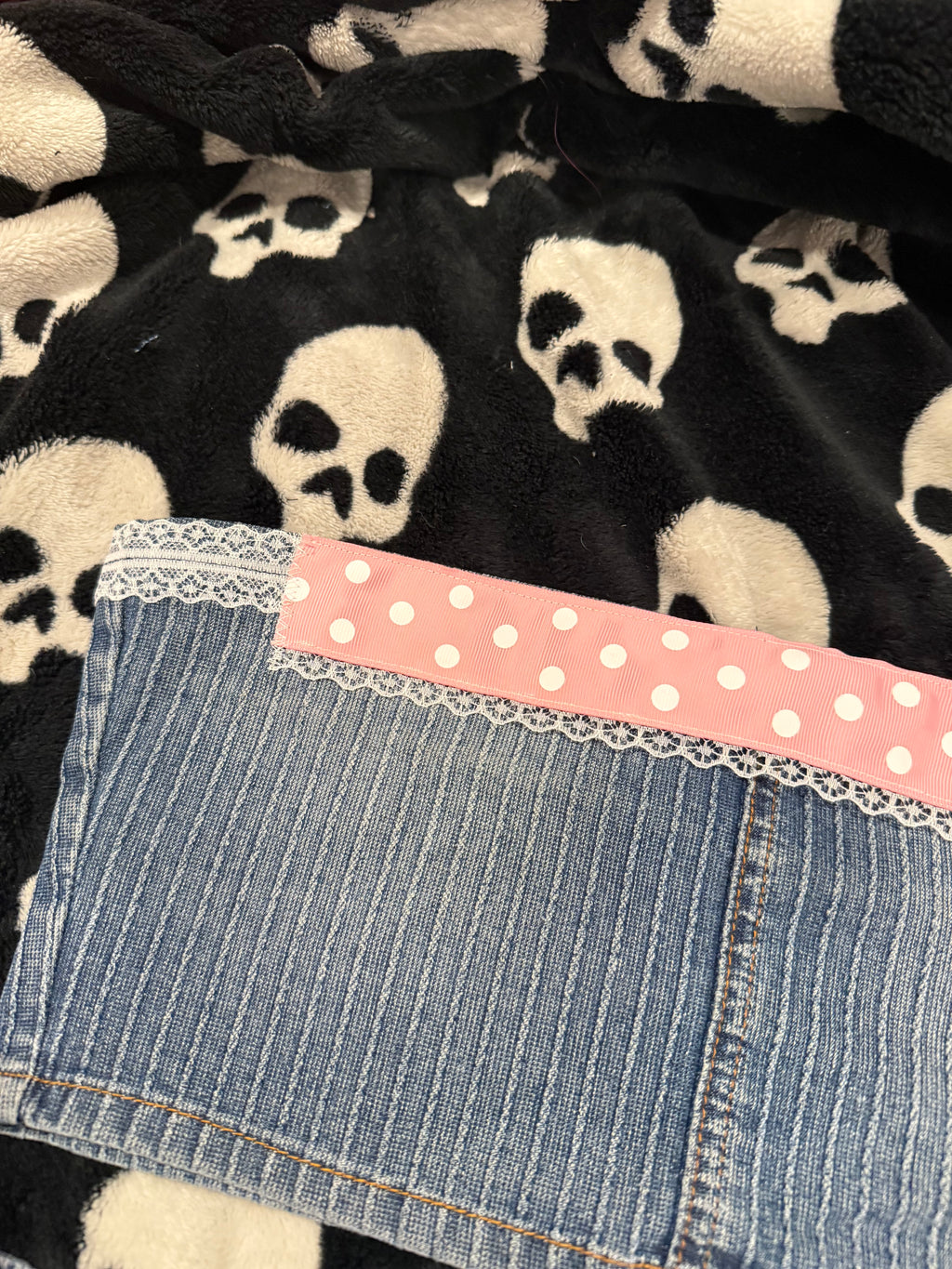 blue & pink polka dot striped denim set size xs/s