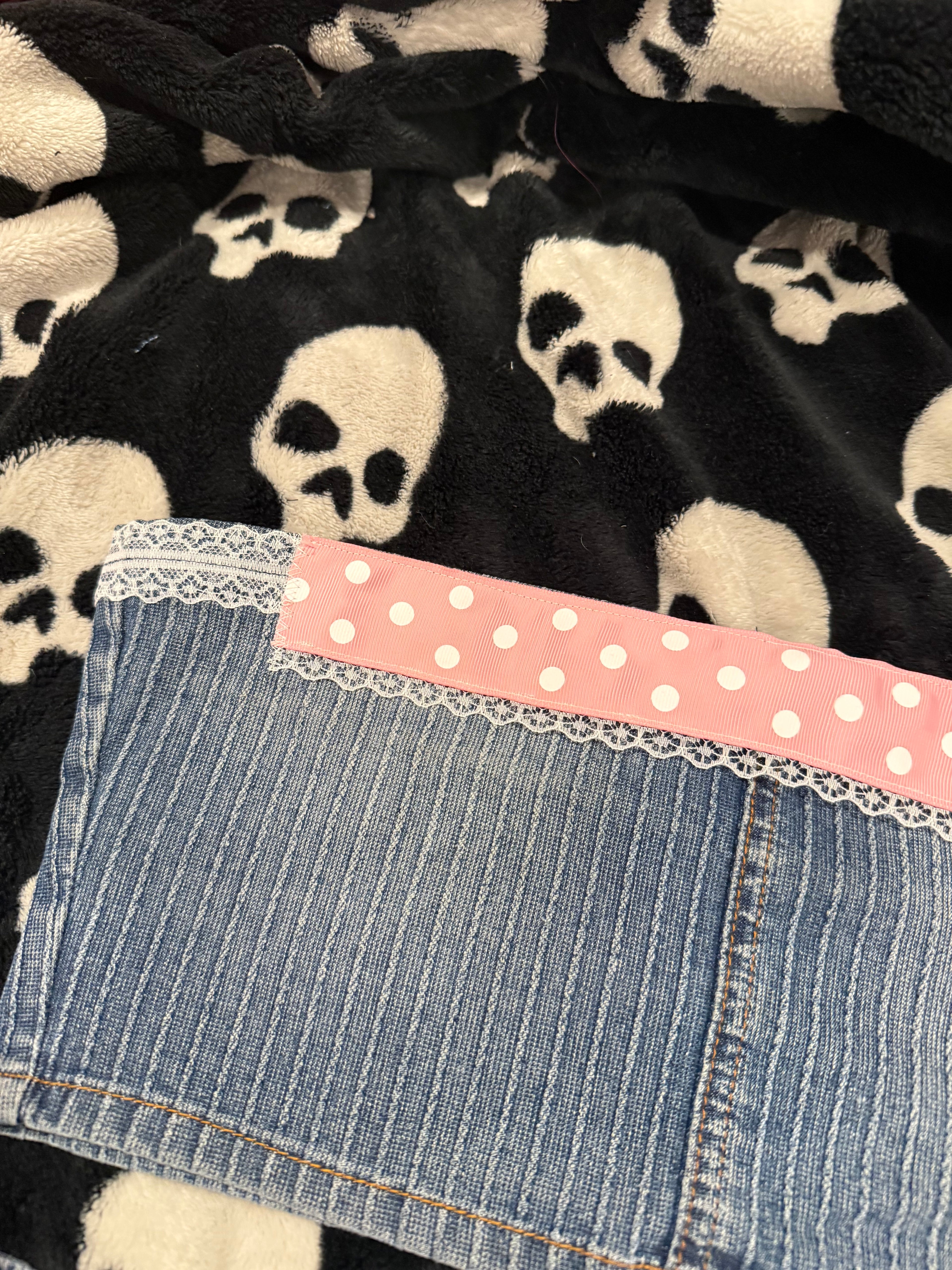 blue & pink polka dot striped denim set size xs/s