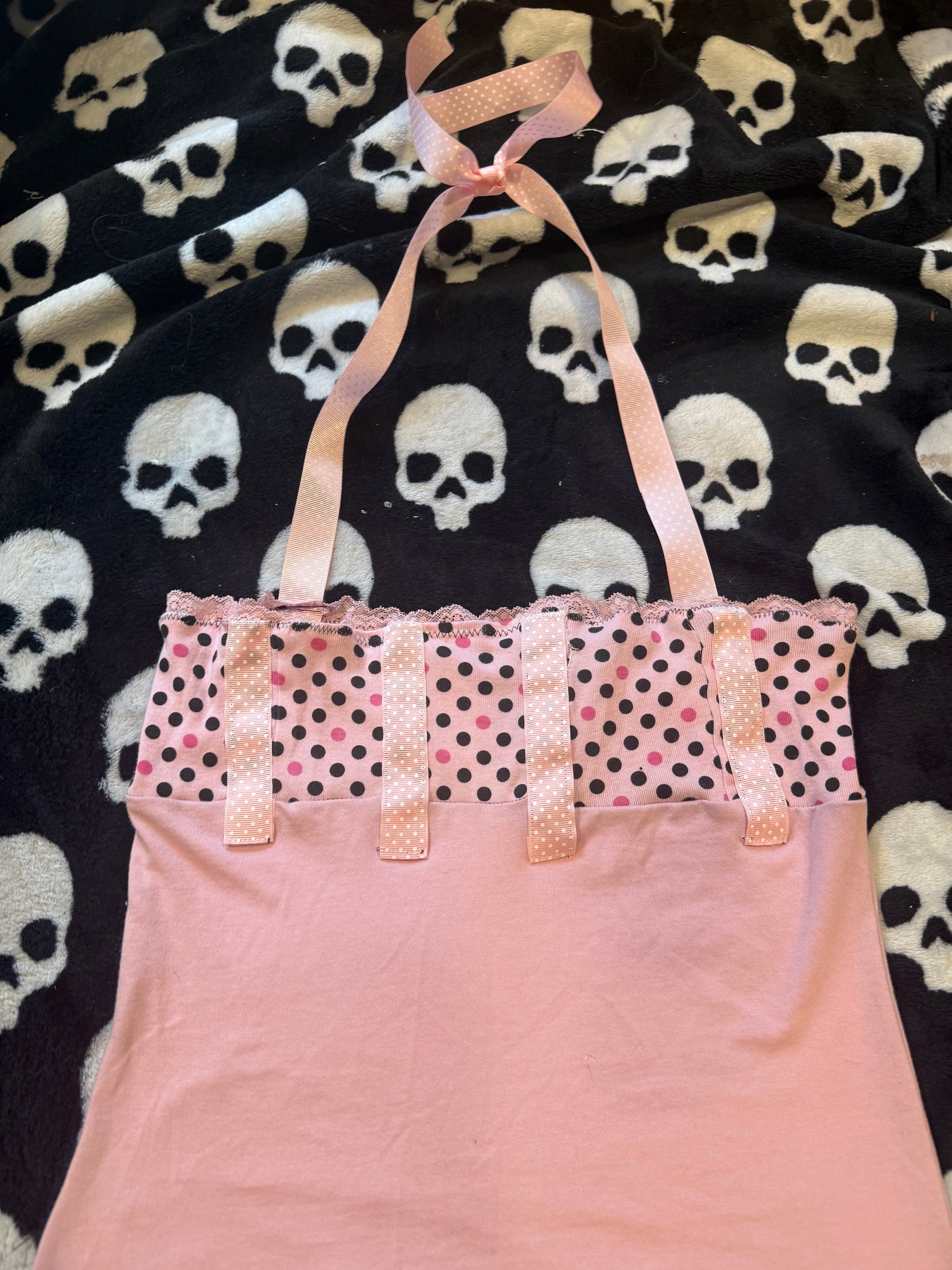 pink & black polka dot halter top size s