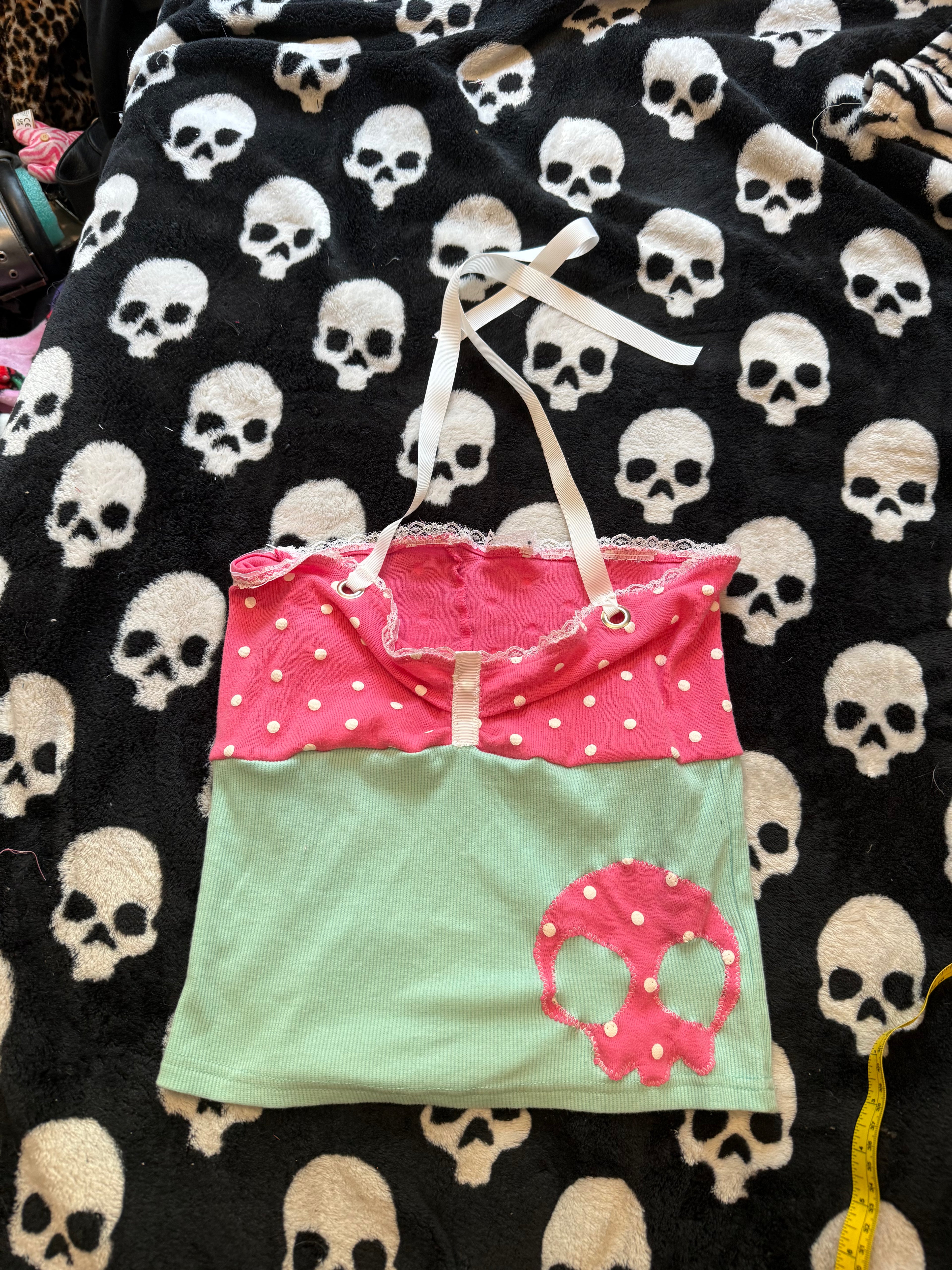 teal & pink polka dot halter top size xs/s