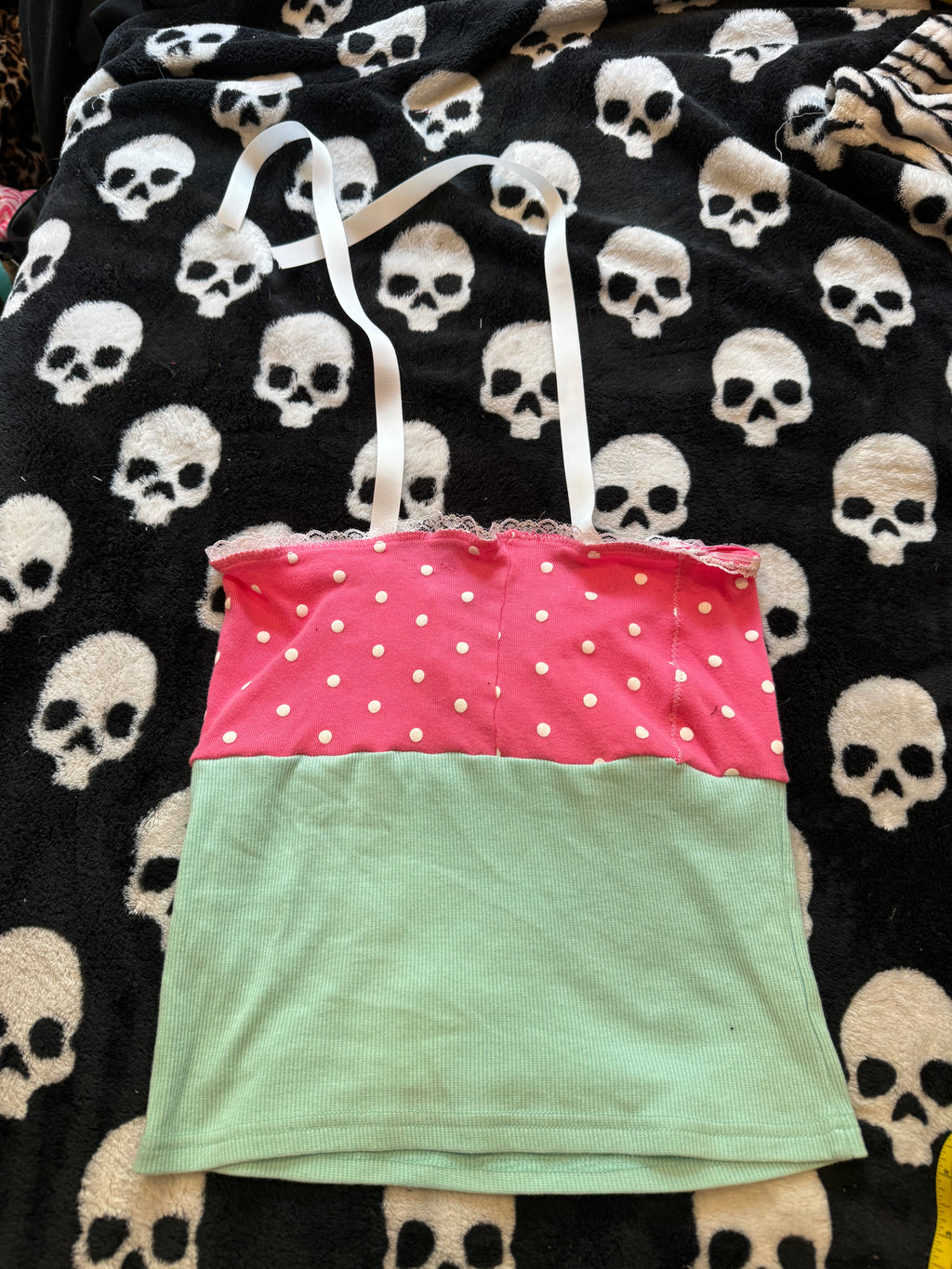 teal & pink polka dot halter top size xs/s