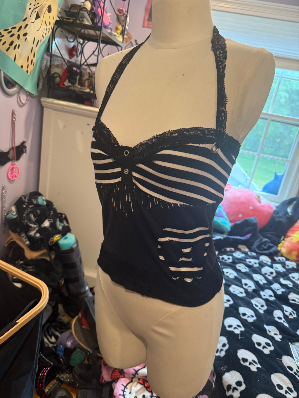 black & white striped lace skull halter top size xs/s