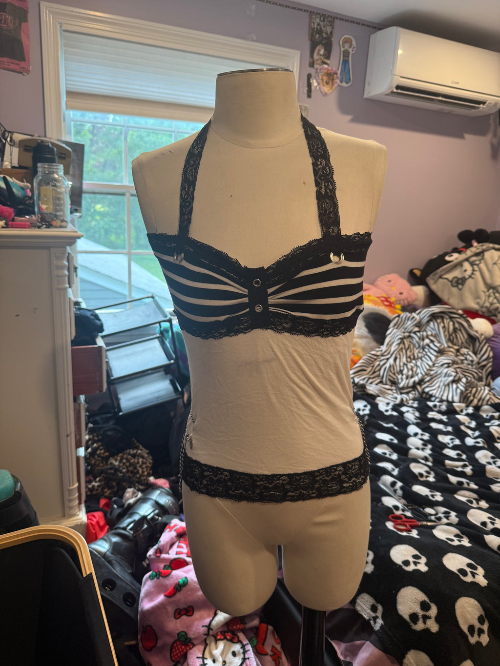 black & white lace striped halter top size xs/s
