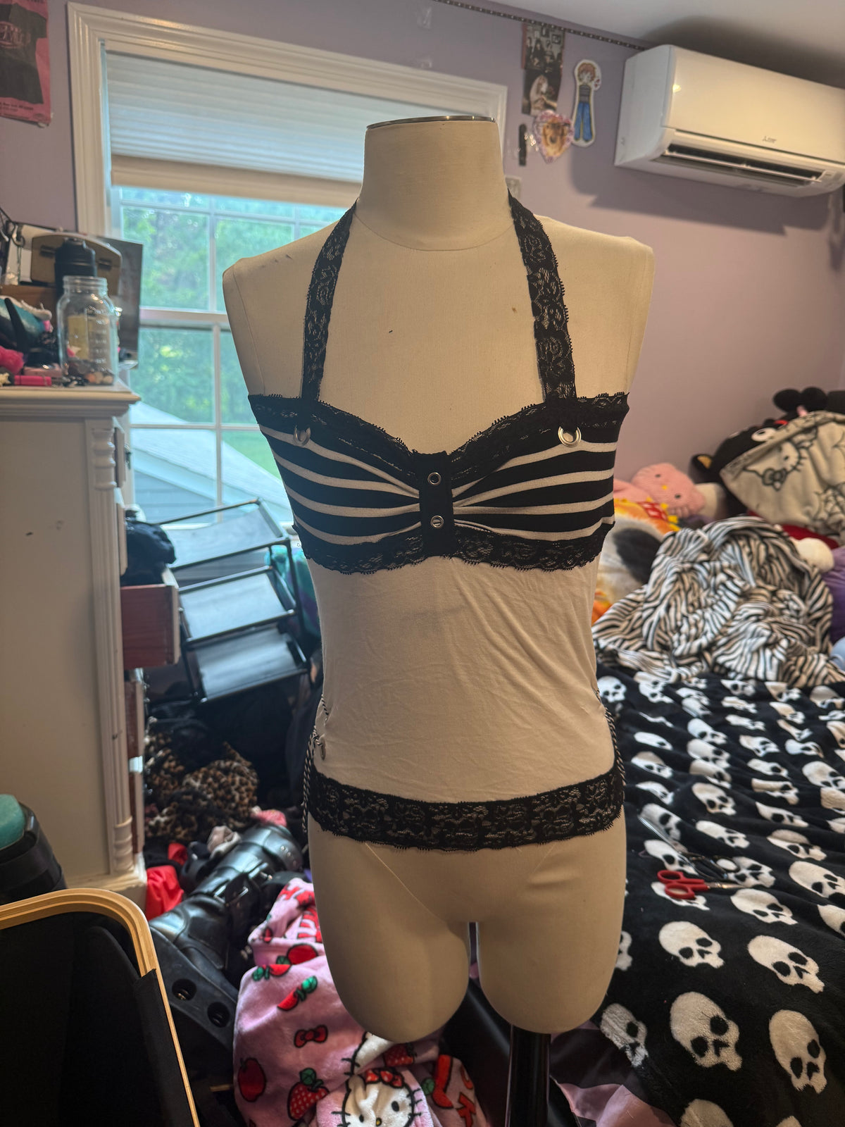 black & white lace striped halter top size xs/s