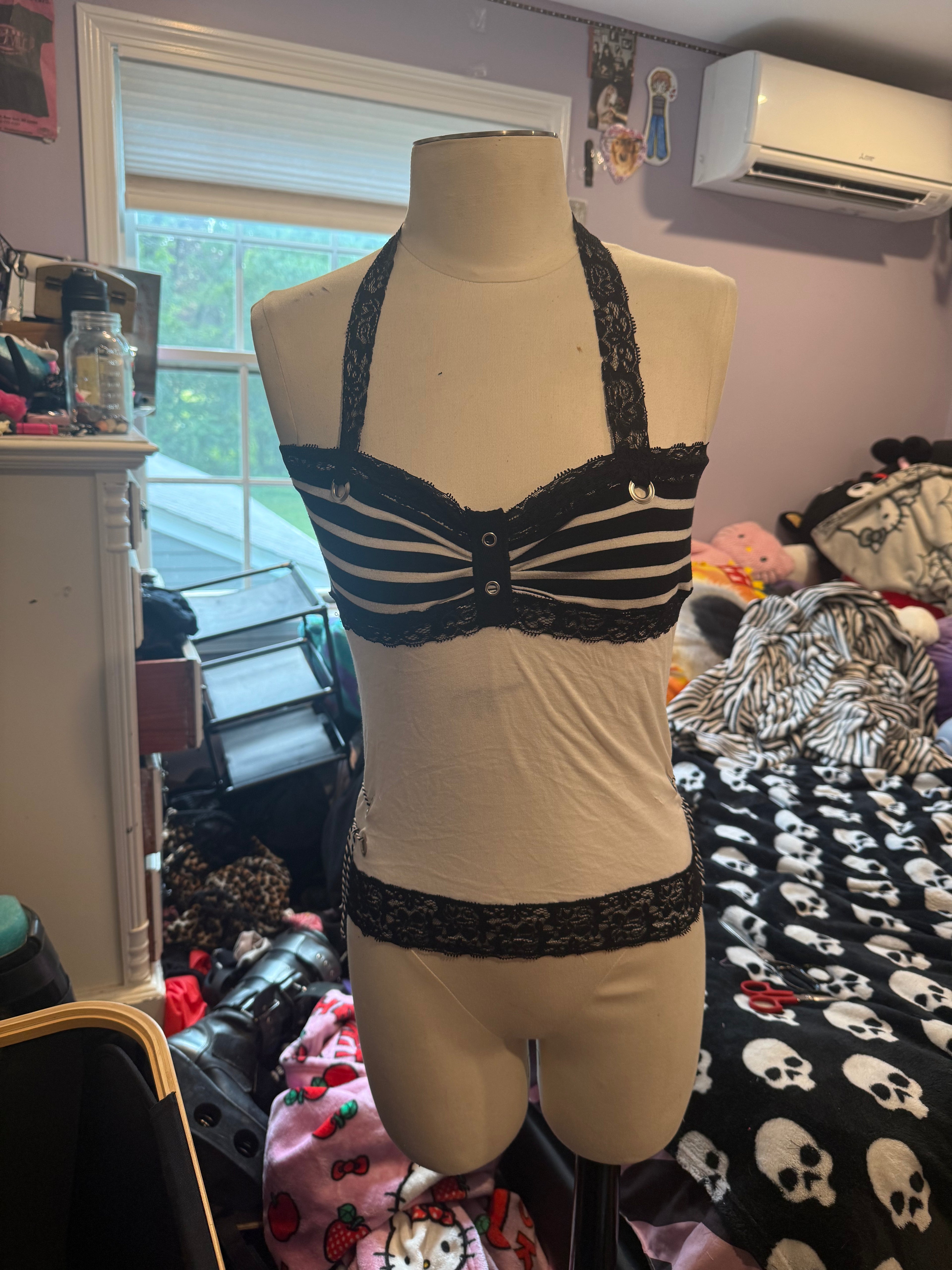 black & white lace striped halter top size xs/s