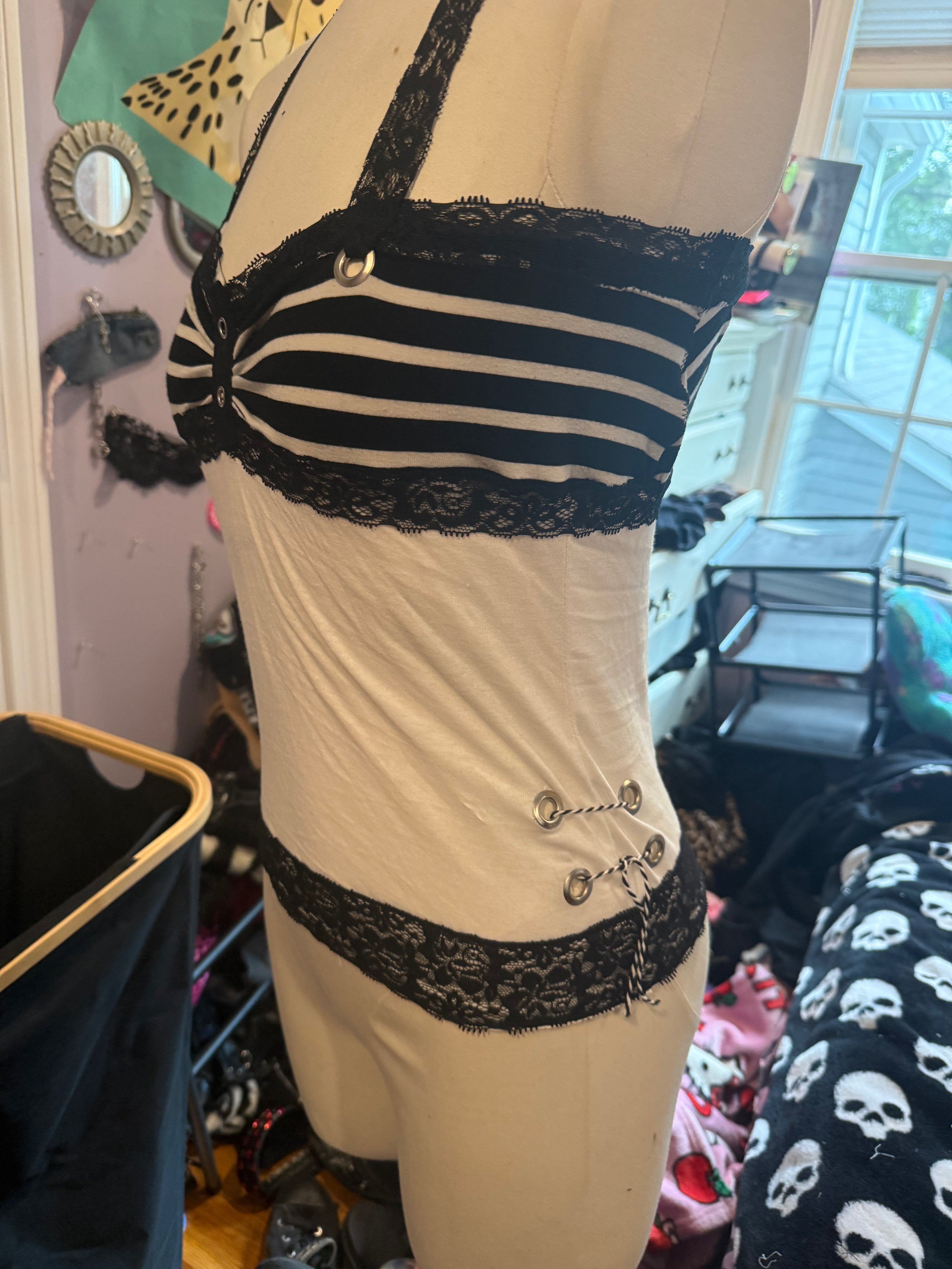 black & white lace striped halter top size xs/s