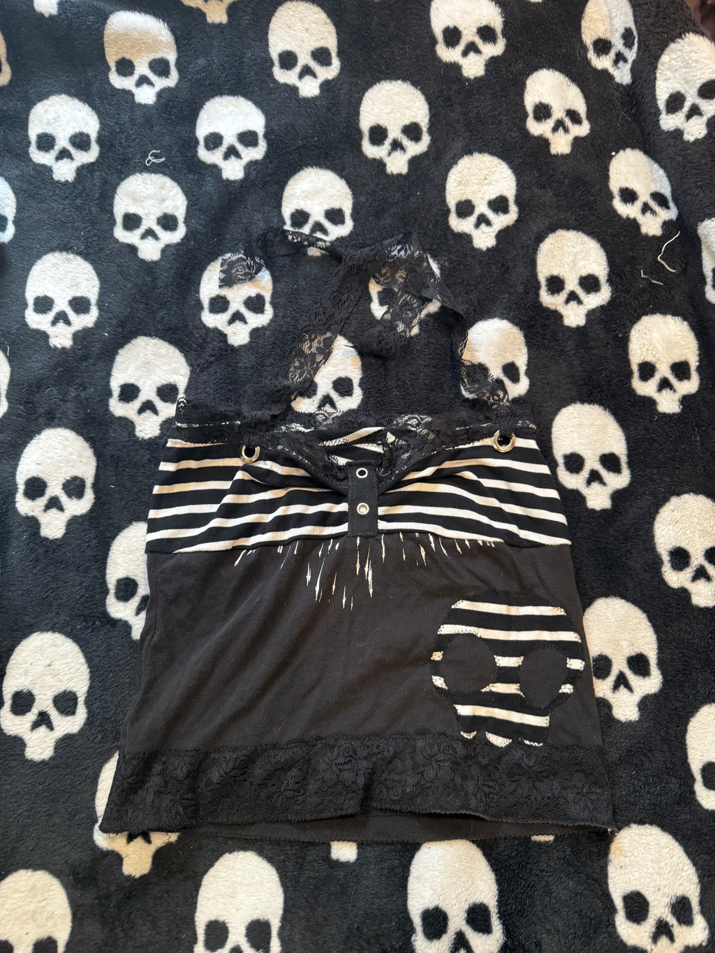 black & white striped lace skull halter top size xs/s